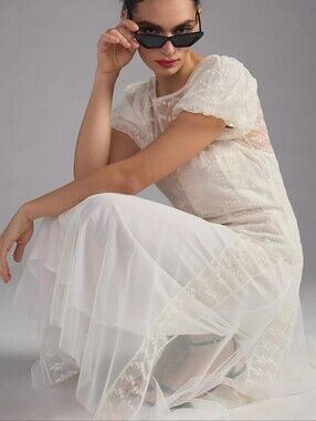 Anthropologie Sheer Cap-Sleeve Embroidered Dress / Romantic 1930s